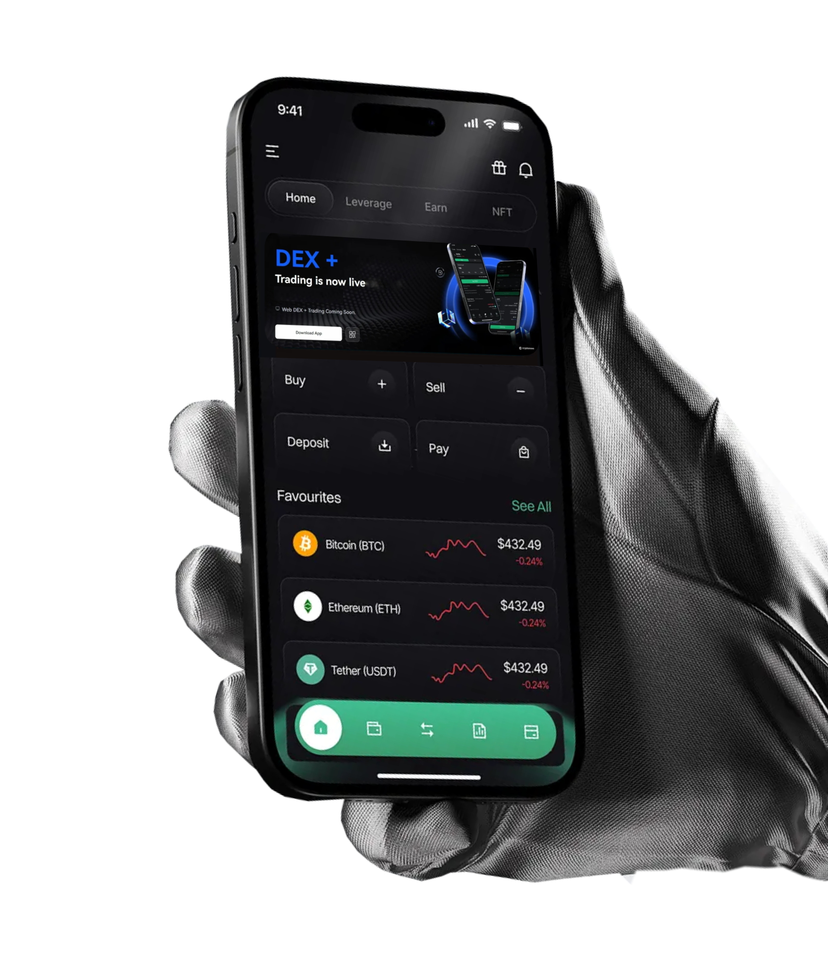 Hand holding smartphone displaying TradePro trading platform home screen.